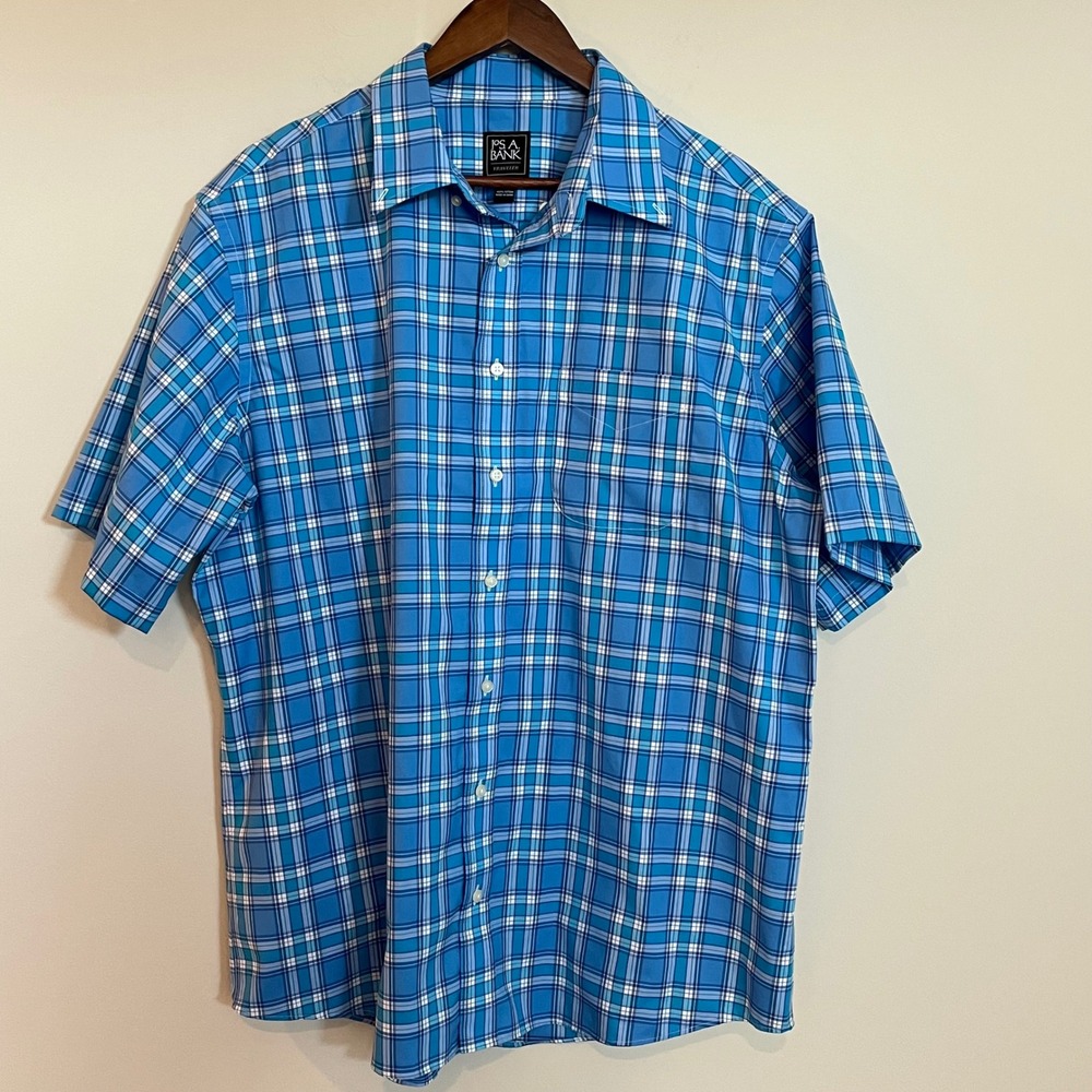 Jos. A. Bank Traveler Shirt Mens XL Blue Plaid Short Sleeve Tailored Fit Cotton